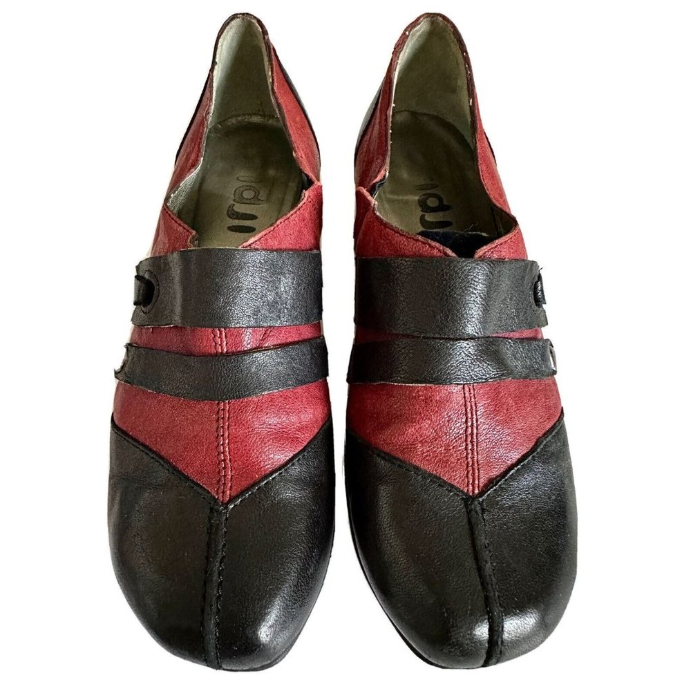 Fidji Womens Slip On Mid Heel Loafer Mock Strap Red Black Italian Leather Sz 6.5